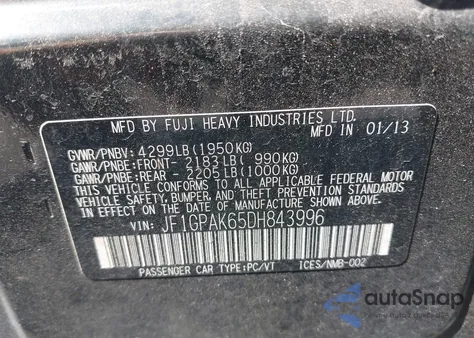 2013 Subaru Impreza 2.0I Limited from USA, damaged, VIN JF1GPAK65DH843996